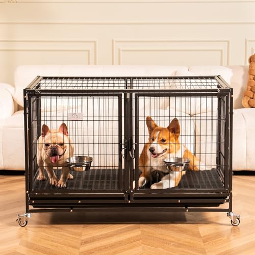 Homey Pet 43 inch Dog Crate 2 Floor Stackable Heavy Duty Dog Kennel Dog Grooming Cage with Detachable Divider, Additional Tray