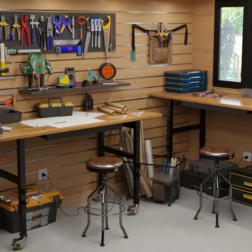 60" Adjustable Workbench, 2000 LBS Load Capacity Heavy Duty Table, Hard Wood Work Bench with Power Outlets, Wheels and Drawer for Garage, Workshop, Home, Office, Easy to Assemble