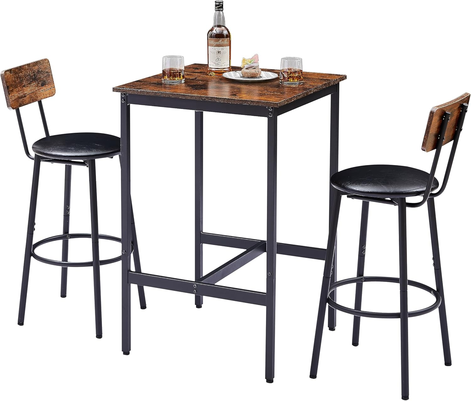 Bar Table and Chairs Set, Sqaure Dining Table Set for 2 with PU Soft Seat and Backrest, Kitchen Table and Chairs for Small Spaces, Kitchen and Bar, Rustic Brown
