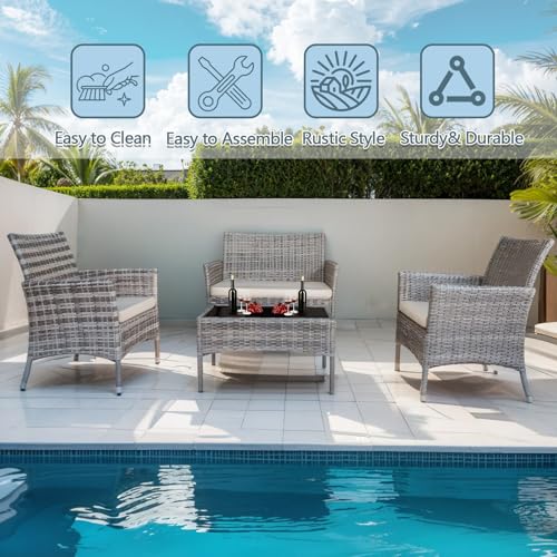 PatLoom 4-Piece Outdoor Furniture Set,Dark Grey Rattan Wicker Patio Sofa,Elegant Patio Conversation Set with Glass Top Coffee Table for Garden, Backyard, Poolside, Balcony (Grey)