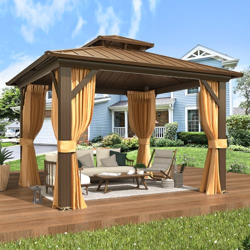 EROMMY 14'x20' Hardtop Gazebo Double Roof Galvanized Steel Canopy Outdoor Aluminum Frame Permanent Metal Pavilion with Netting and Curtains for Patio Backyard Deck and Lawns