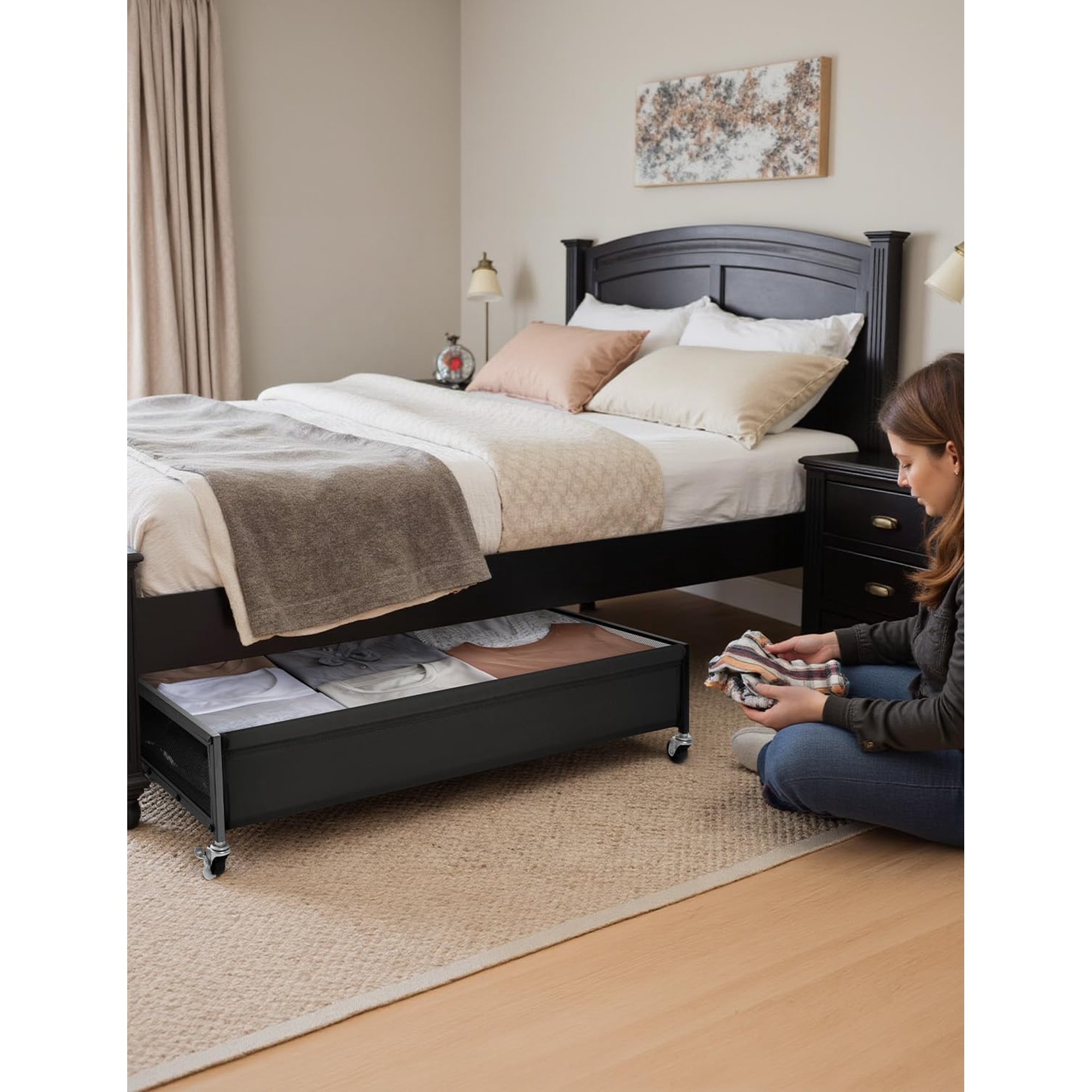 Under Bed Storage with Wheels, 2-Pack Metal Underbed Storage Containers, 80L Closet Organizer Bins for Clothes, Blankets, Sweaters