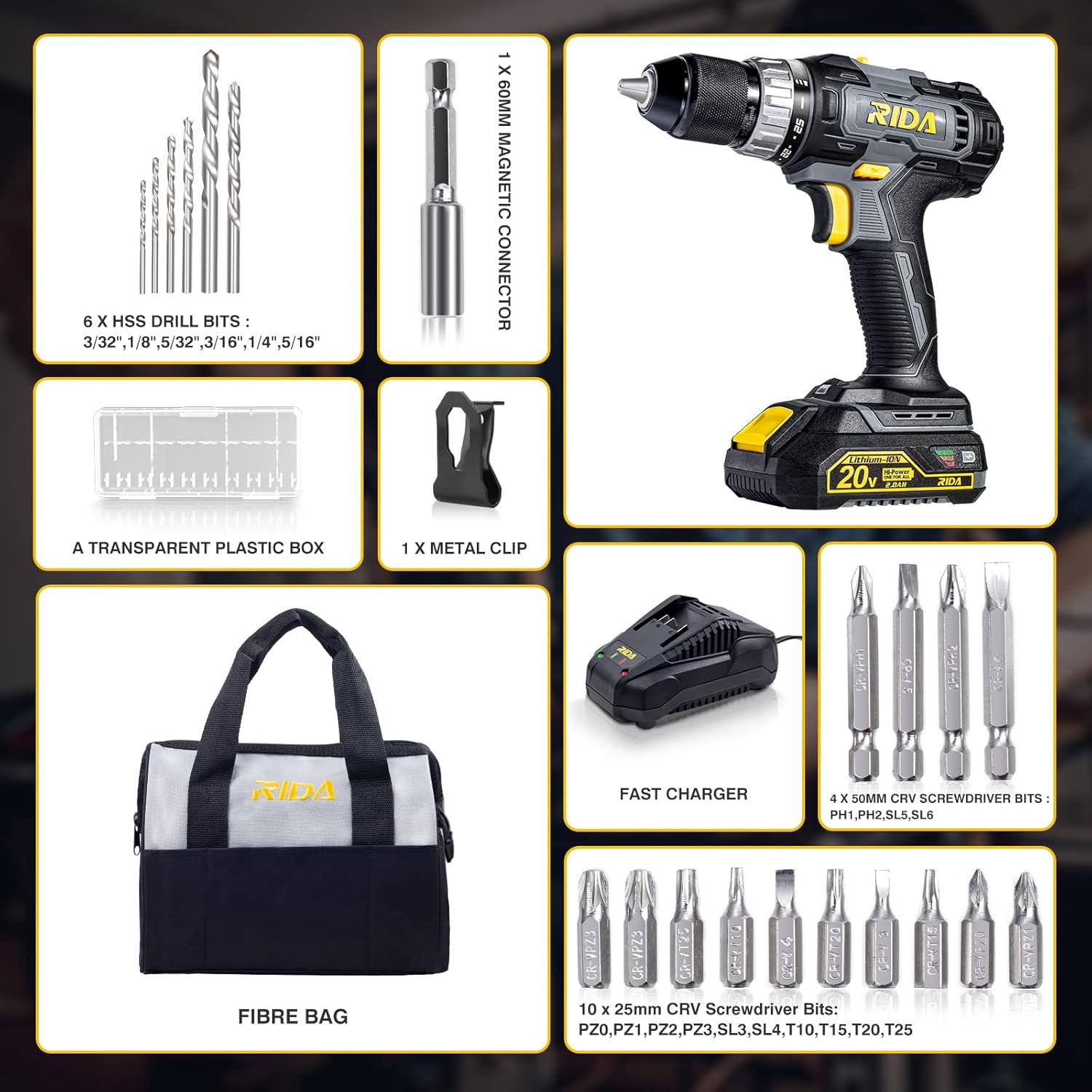 RIDA Cordless Drill 20V Electric Power Drill Set with 1/2'' Keyless Metal Chuck, 355 In-lb Torque, 2.0AH Lithium-ion Battery & Fast Charger, Variable Speed, 25+1 Position and 21pcs Drill/Driver Bits Pack of 2