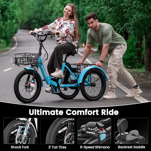 MOONCOOL Electric Tricycle for Adults, 500W/750W 48V 20" Folding Electric Trike Peak Power 1100W, 3 Wheels Electric Bicycle, Aluminum Frame Electric Tricycle with Large Basket and Removable Battery
