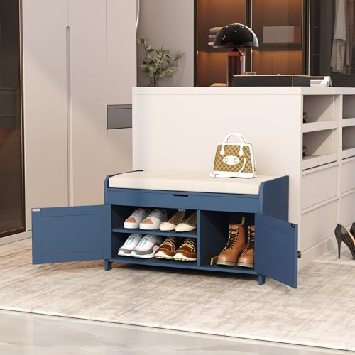 HOMEFORT Shoe Storage Bench with Lift Top Storage, Entryway Bench with Cushioned Seat,Wood Shoe Cabinet Bench,Bench for Bedroom End of Bed,Entry Hidden Shoe Bench for Mudroom,Hallway (Blue)