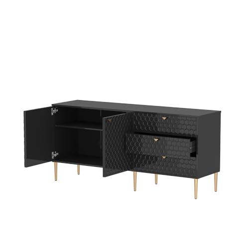 Sideboard Buffet Cabinet, 48 Inch Modern Storage Cabinet with 3 Doors and Adjustable Shelves, Free-Standing Cabinet with Gold Legs for Living Room, Dining Room, Entryway, Office,White