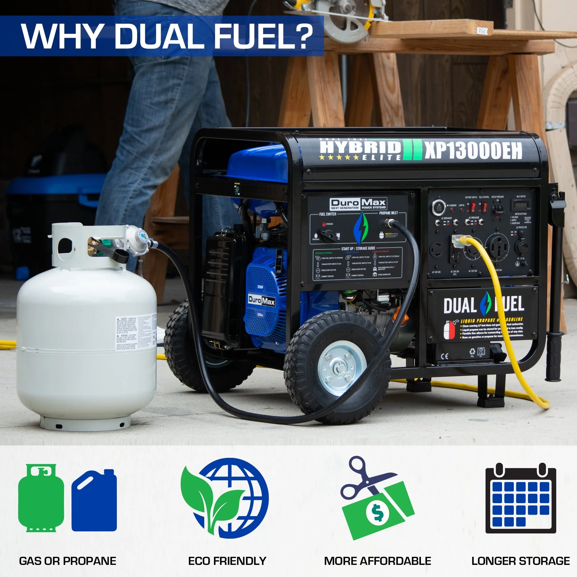 DuroMax XP13000EH 13,000-Watt 500cc Portable Hybrid Gas Propane Generator