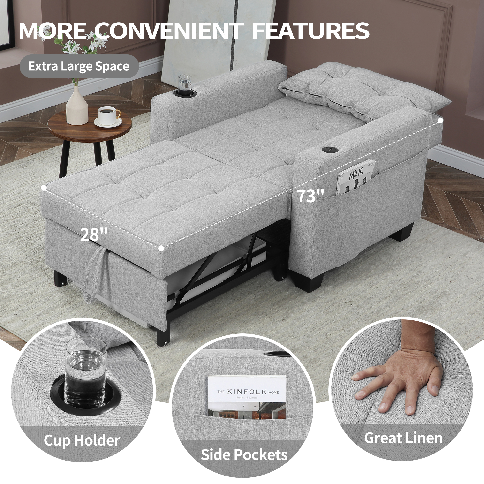 Duraspace Arm Lounge Chair into Sofa Bed for Living Room Adults with USB, Storage Space, Light Gray