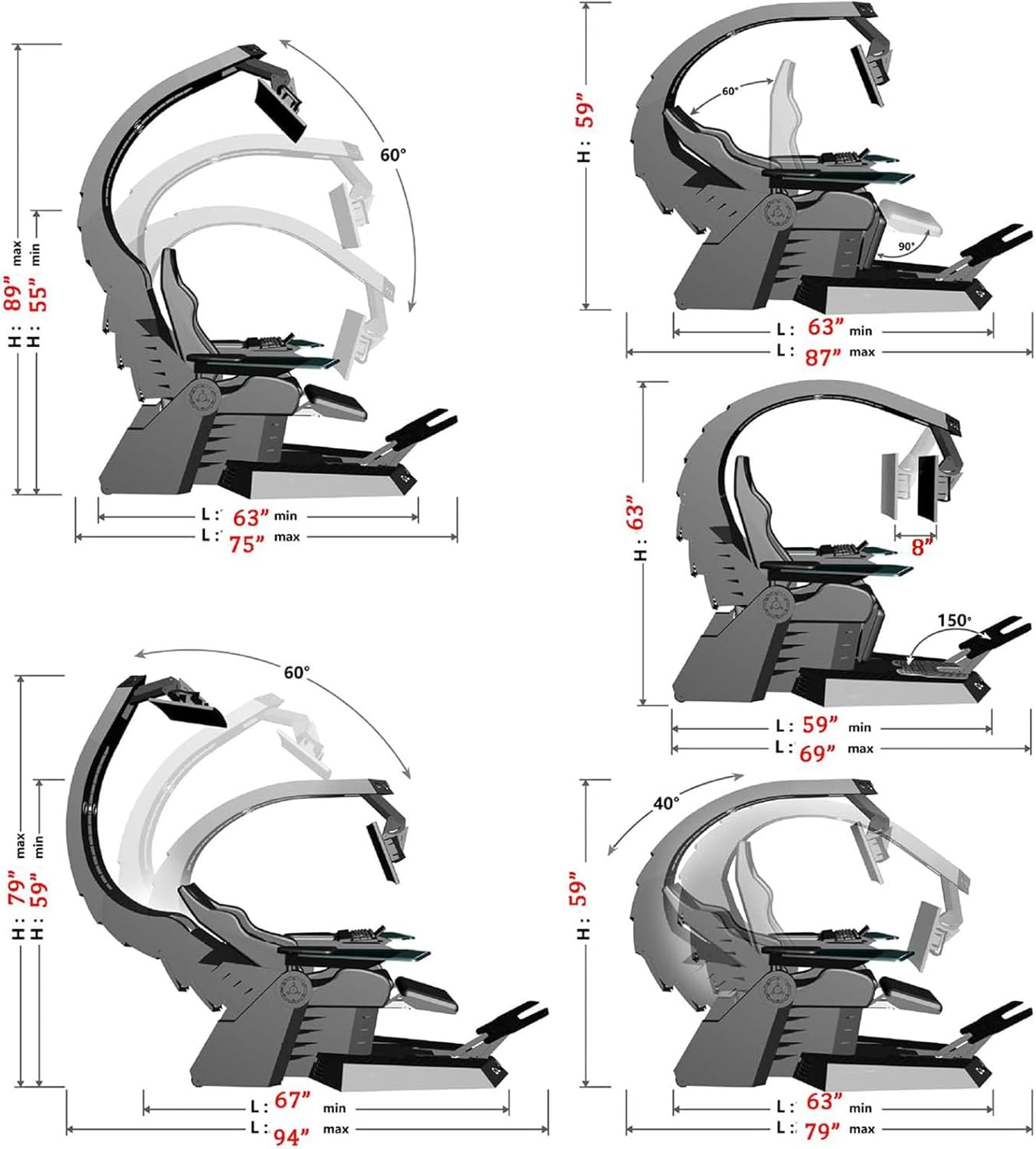 Zero-Gravity Gaming Chair, Leather Back & Metal Shell Computer Cockpit, Integrated Ergonomic Boss Office Chair, Support Hanging 5 Screens