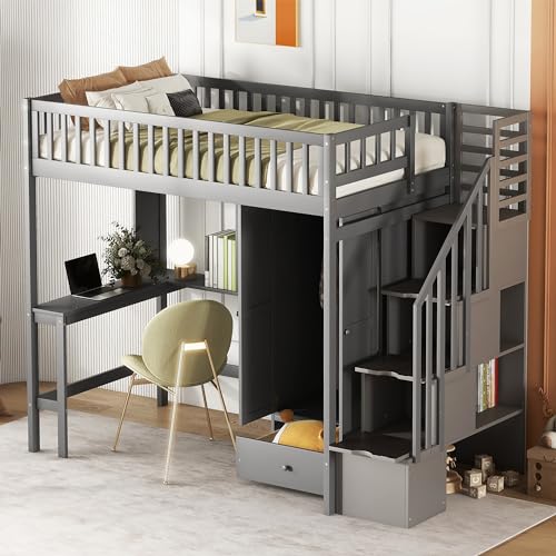 Full Size Loft Bed with Wardrobe Desk Storage Stairs, Wood Loft Bed Frame with Bookcase and Drawers, High Loft Bedframe for Kids Teens Adults, No Box Spring Needed, Espresso