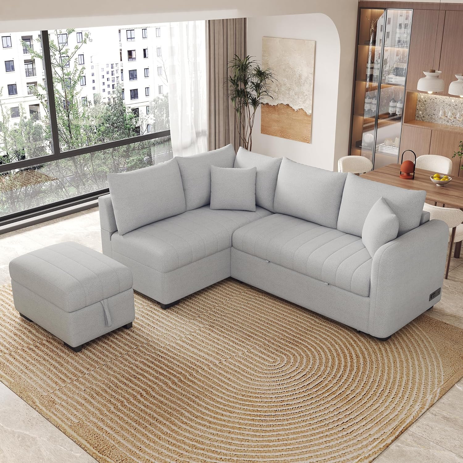 82.6" L-shaped Sectional Pull Out Sofa Bed Sleeper Sofa with Two USB Ports, Two Power Sockets and a Movable Storage Ottoman, Gray