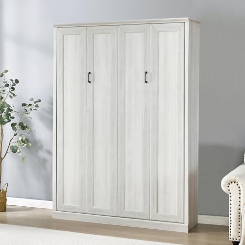 Queen Size Murphy Bed, Solid Wood Wall Cabinet Bed with Shelves, Folding Wall Bed Space-Saving Furniture Bed Frame for Guest Room, Bed Room, Study, Home Office, Rustic White Queen Size