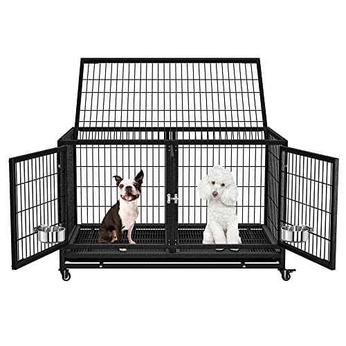 54/48/42/38 inch Heavy Duty Indestructible and Escape-Proof Dog Crate Cage Kennel for Large Dogs, High Anxiety Dog Crate with Removable Wire Trays and Wheels, Extra Large XL XXL