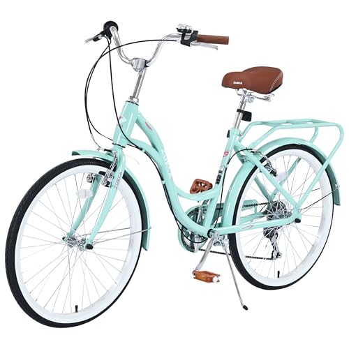 MEGHNA Cruiser Bike Low Step-Through 24inch Commuter Bike V - Brake 7 Speed Shifter Driven City Bike for Women Senior Men