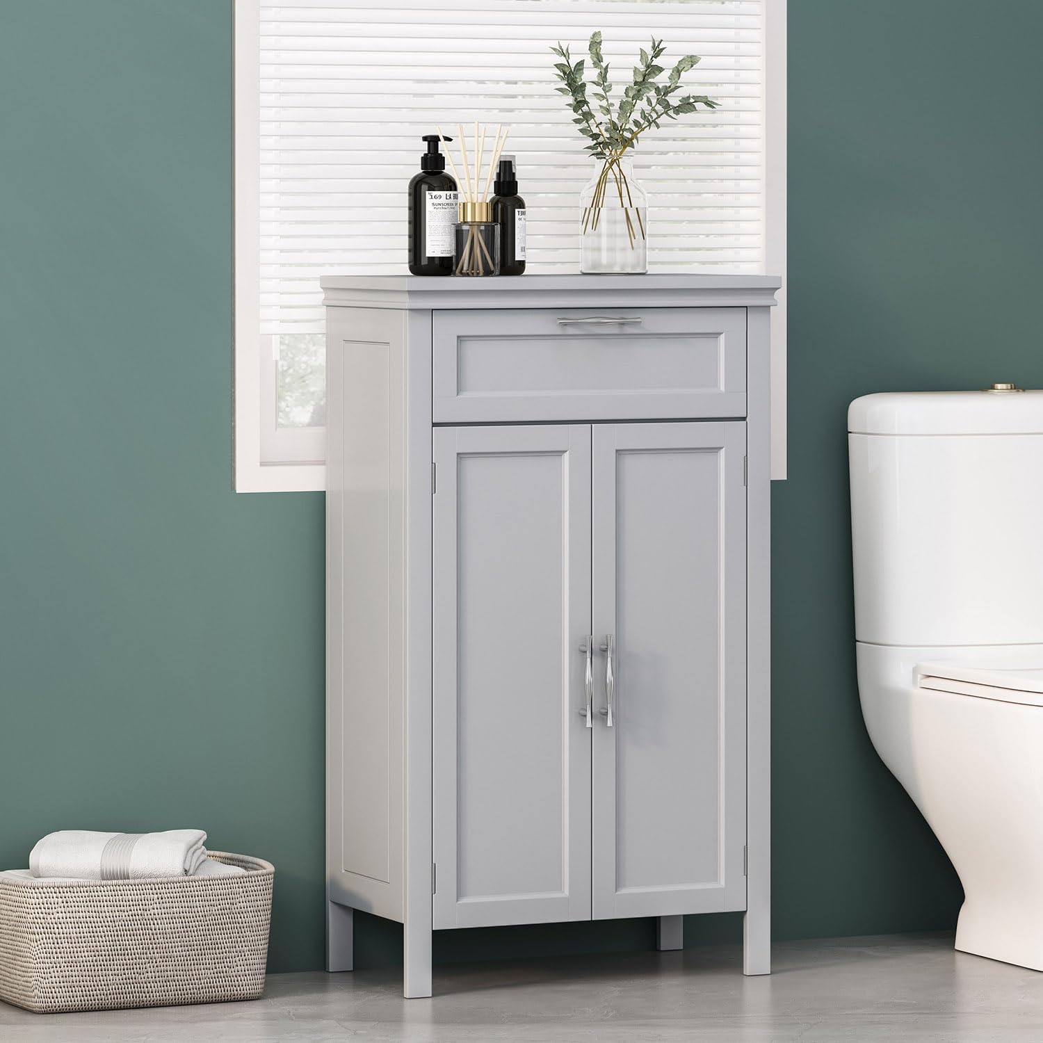 Bathroom Floor Cabinet, Wooden Side Storage Organizer w/Larger Drawer, Adjustable Shelf & 2-Door Cupboard, Freestanding Storage Cabinet for Living Room, Kitchen, Entryway (Double Door)