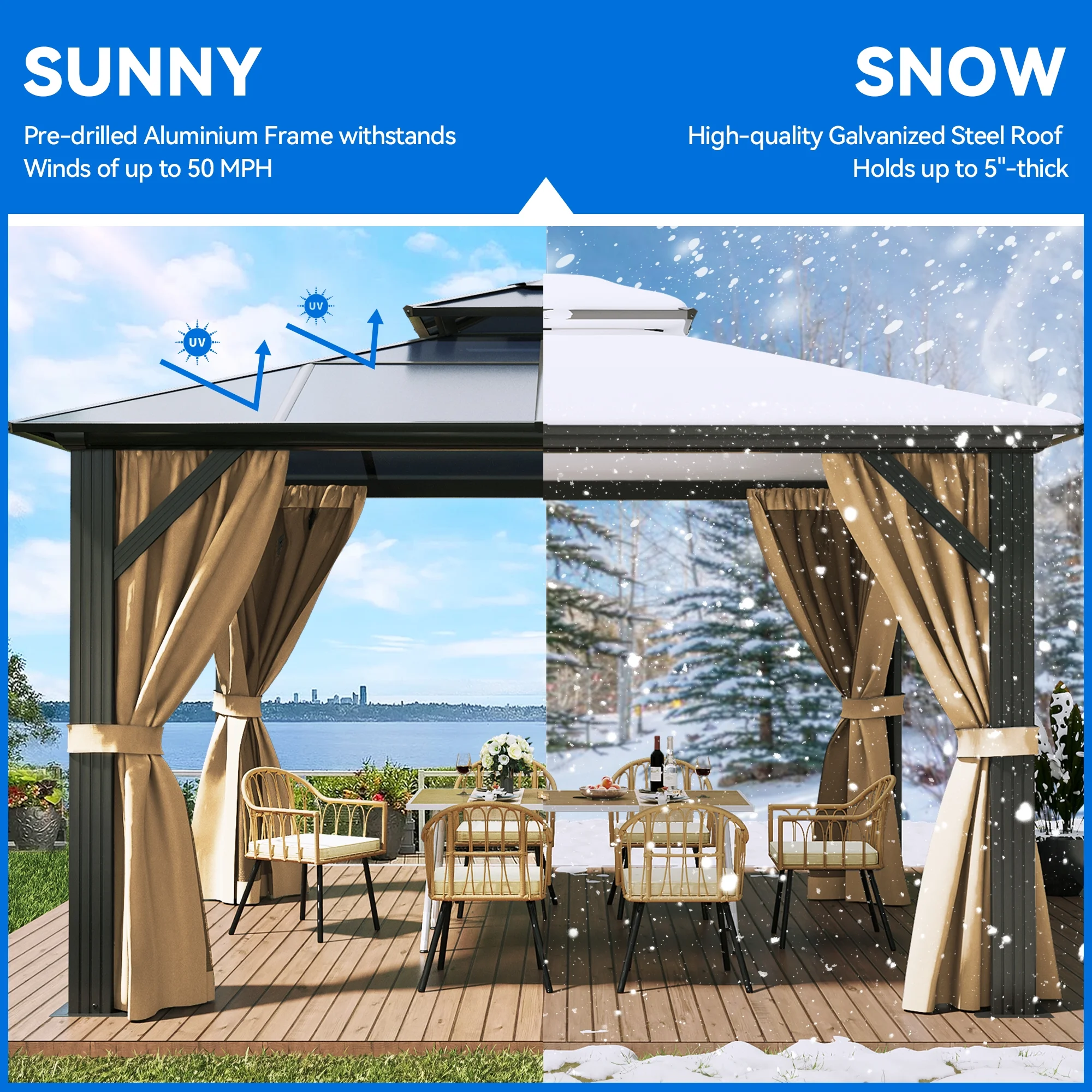 Dextrus 12x14FT Gazebo Hard-Top Double Roof Canopy Outdoor with Netting and Shaded Curtains, Aluminum Frame Hardtop Garden Tent for Patio, Backyard, Deck and Lawns