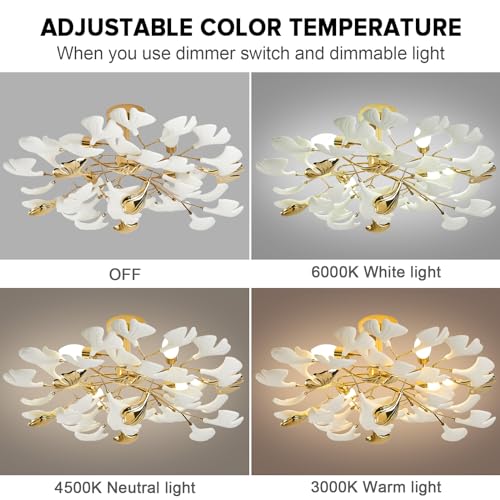 Bedroom Chandelier Ceiling Light, Gold Ceramic Ginkgo Leaf Chandeliers Brass Semi Flush Mount Chandelier Light Fixture for Kitchen Living Room Dining Room, 24" Ceiling Light Fixture