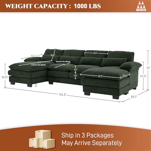 U Shaped Sectional Sofa Cloud Couch for Living Room, 114" Oversized Comfy Chenille Modular Deep Seat Sofa, Modern Large Fluffy 4-Seat Sofa with Lounge Chaise Pillows, Black