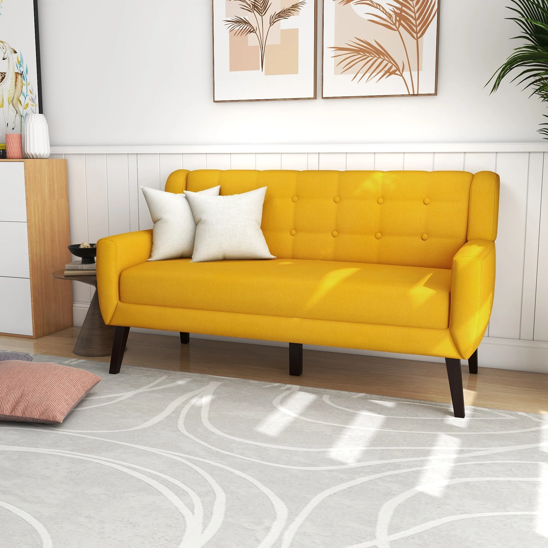 Tufted Linen/Cotton Loveseat with 2 Accent Chairs Yellow