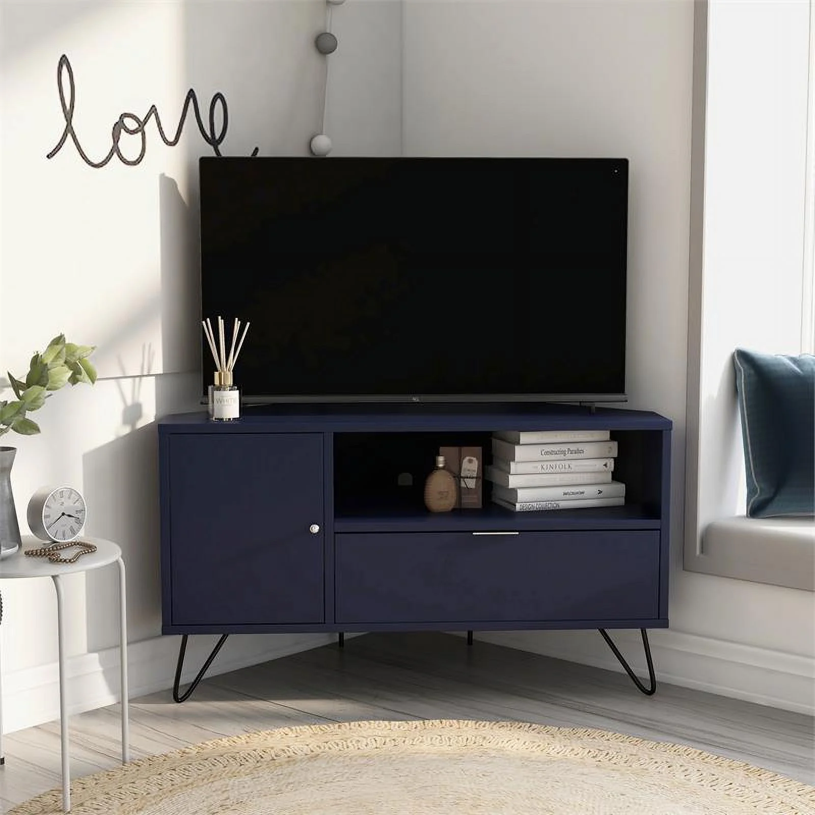 Bowery Hill Modern Wood Multi-Storage Corner TV Stand in Navy