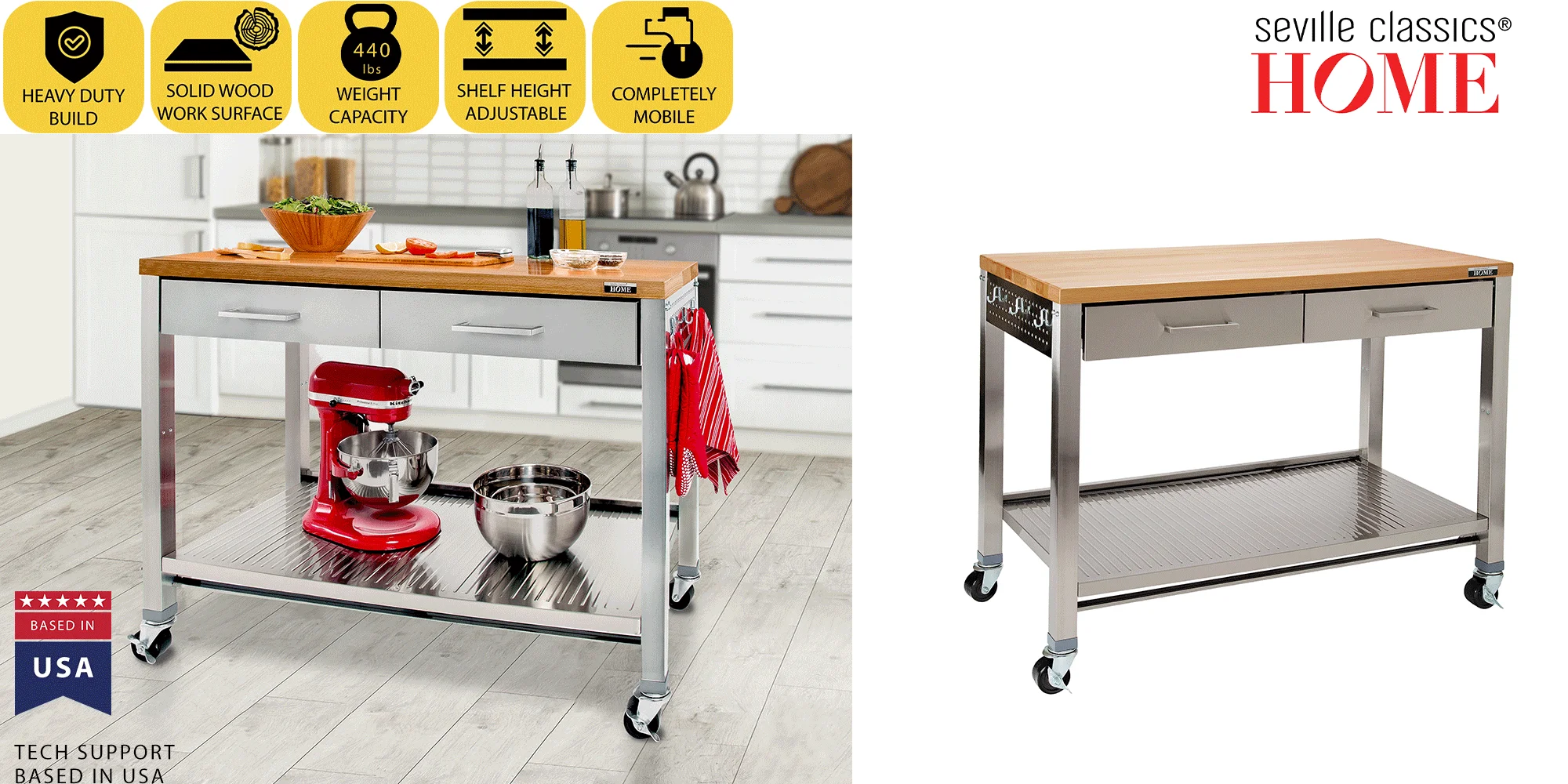 Seville Classics UltraHD Stainless Steel Workcenter Professional Kitchen Island, 2-Drawer, Peg Boards, Steel, Solid Wood Top