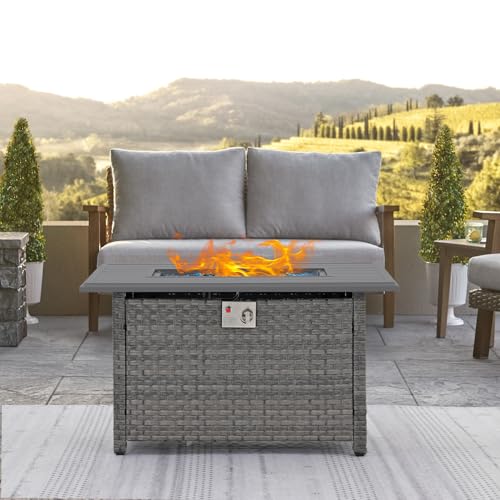 SUNSITT Outdoor Fire Pit Table 43 Inch Wicker Propane Fire Pit with Aluminum Tabletop 50,000 BTU Gas Firepit with Fire Glass, Lid, Cover, Taupe Rattan