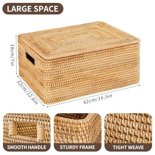 Rattan Basket With Lid,Large Storage Basket Lidded,Rattan Box For Shelf (16" L×13"W×12"H)