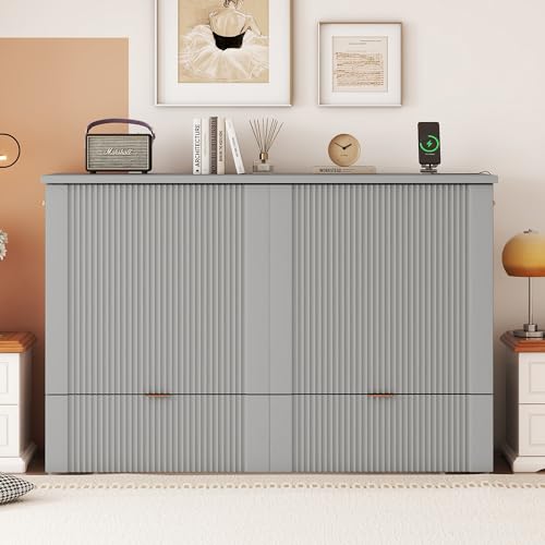 Full Size Murphy Bed with Storage Drawer and Headboard, Wooden Wall Bedframe w/a Set of Sockets & USB Ports, Pulley Structure Design, Foldable Platform Bed for Home Office Small Room, Gray