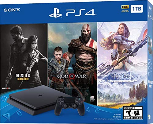 Flagship Play Station 4 1TB HDD Only on Playstation PS4 Console Slim Bundle with Three Games: The Last of Us, God of War, Horizon Zero Dawn 1TB HDD Dualshock 4 Wireless Controller -Jet Black
