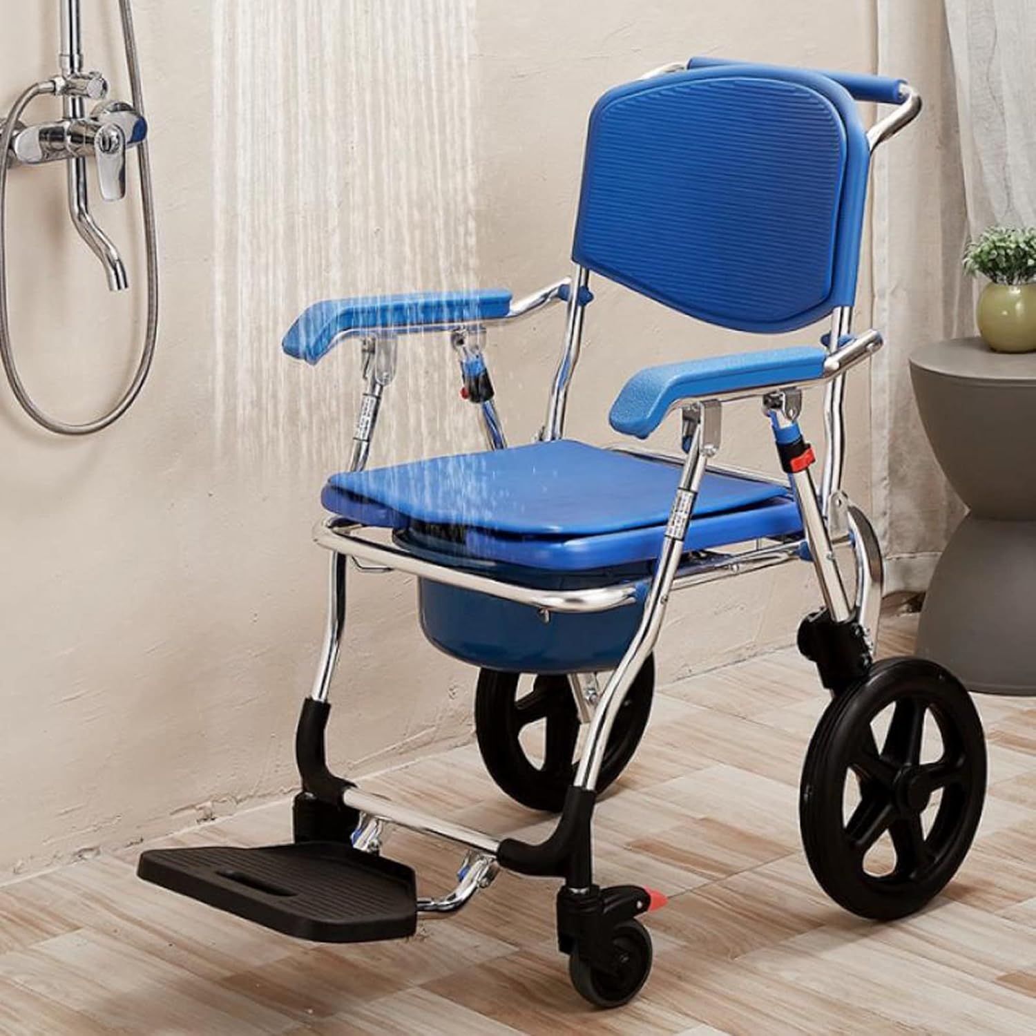 Commode Mobile Chair, Transport Shower Wheelchair with Padded and Brakes Casters, Mobile Bedside Commode, for Seniors and Disabled