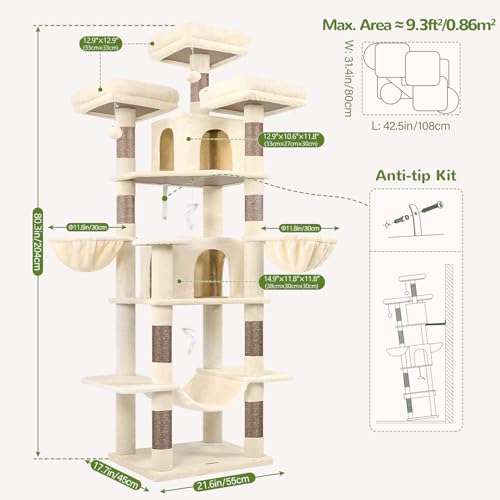 Globlazer Big Cat Tower for Indoor Cats, 80inch Cat Tower for Multiple Adult Cats XXL Cat Tree with Scratching Post, Hammock, 3 Perches, 2 Condos, 2 Hanging Basket, F80, Light Grey