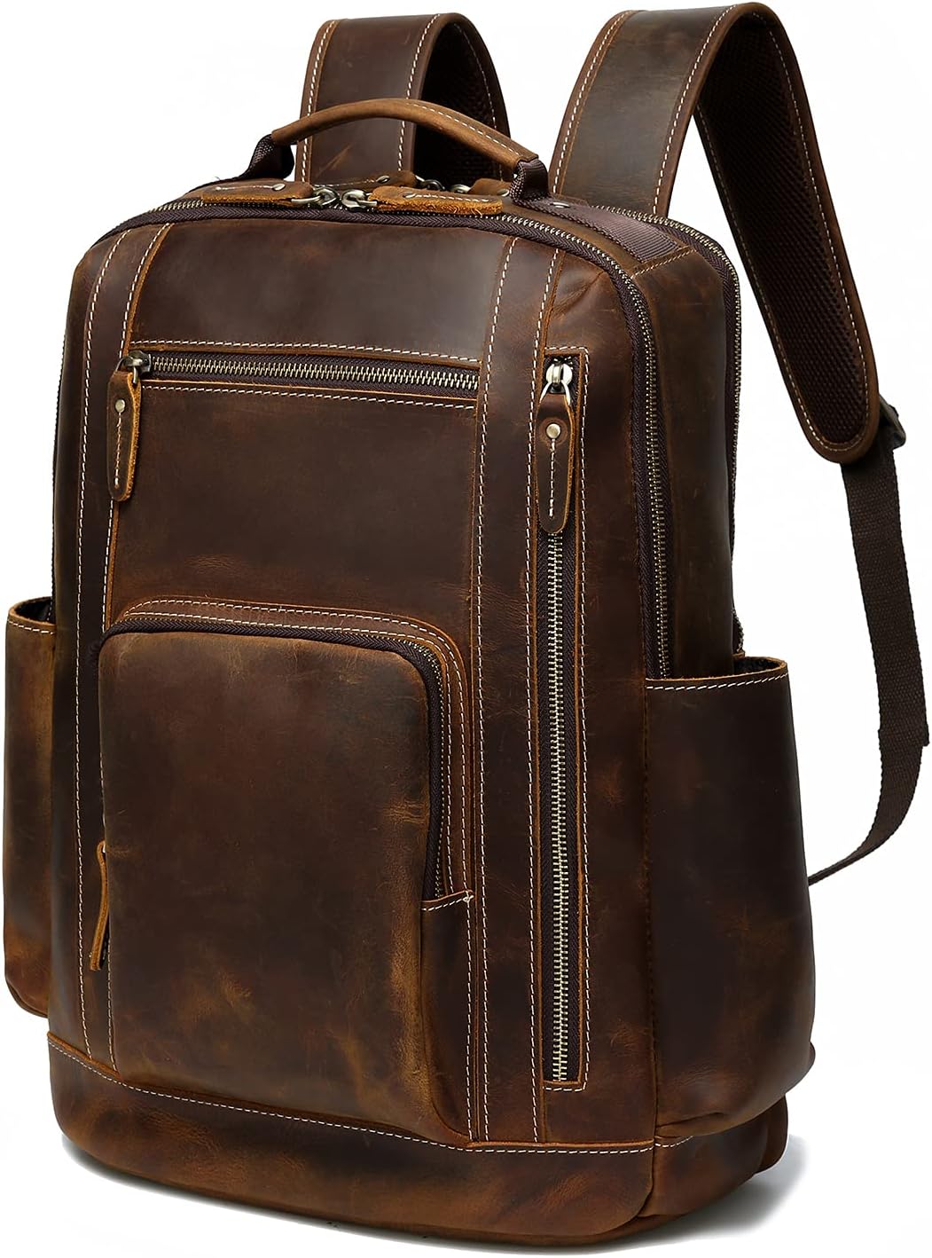 Lannsyne Men's Vintage Full Grain Leather Backpack for 16 Laptop Travel Hiking Camping Rucksack