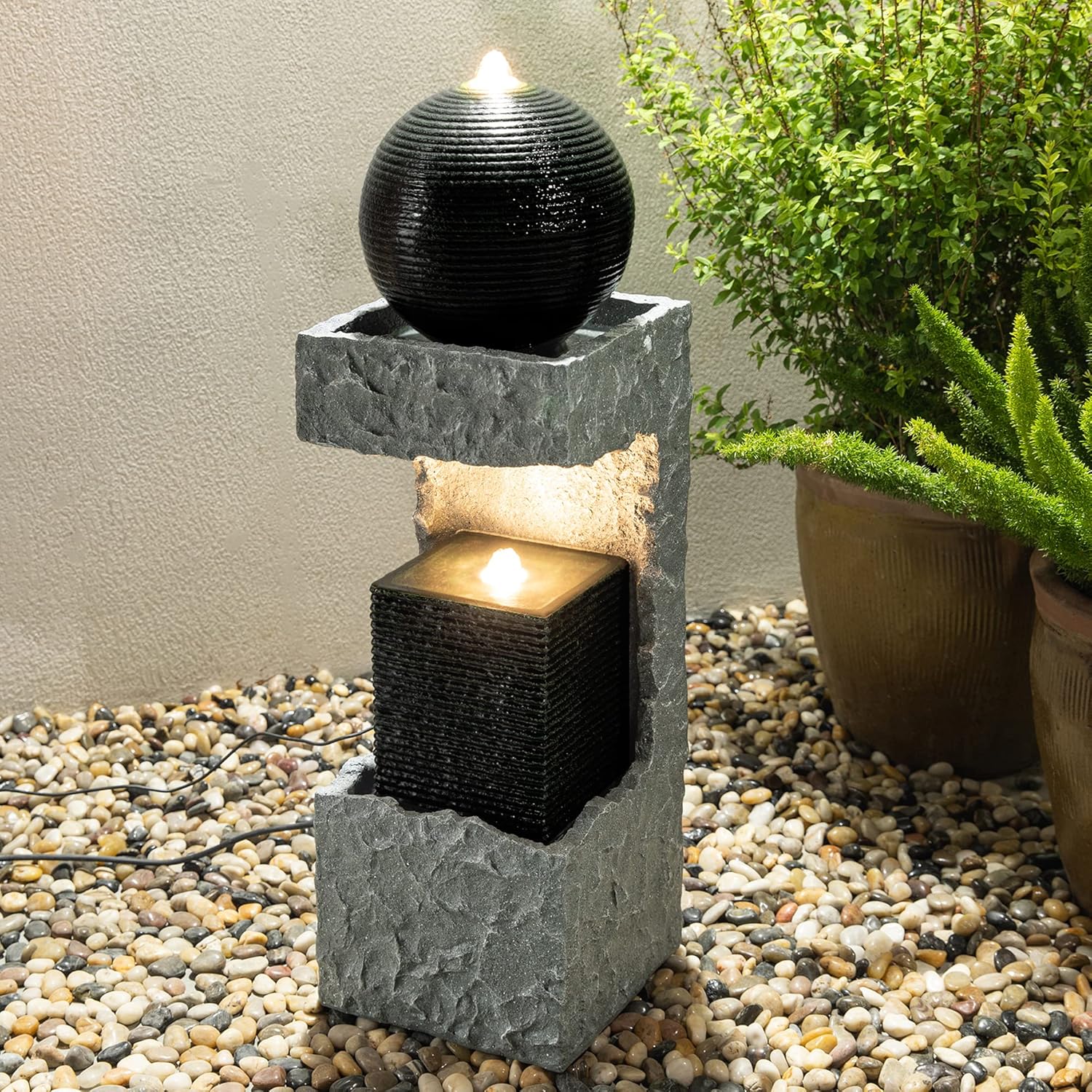 Glitzhome 2 Tiers Outdoor Water Fountain Modern Stacked Sphere Spillway Garden Decor with Pump and LED Light, 34.75" H