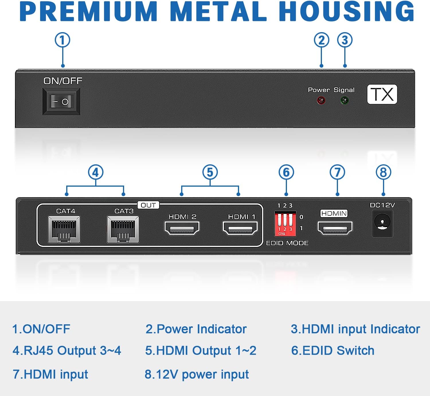 HDMI Extender Splitter 1x2 - CJX 165ft/50m HDMI Extender 1 in 2 Out Over Cat5e/Cat6/7 with 2 Loop-Out Local Display Repeater Balun Ethernet Sender Transmitter Receiver Support 1080P@60HZ 3D EDID POC
