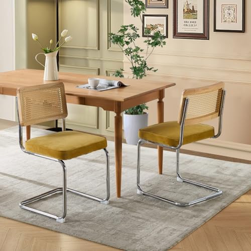 SoarFlash Velvet Dining Chair Set of 2 Modern Upholstered Kitchen Chair with Natural Cane Back, Stainless Chrome Base for Dining Room, Club(Green)