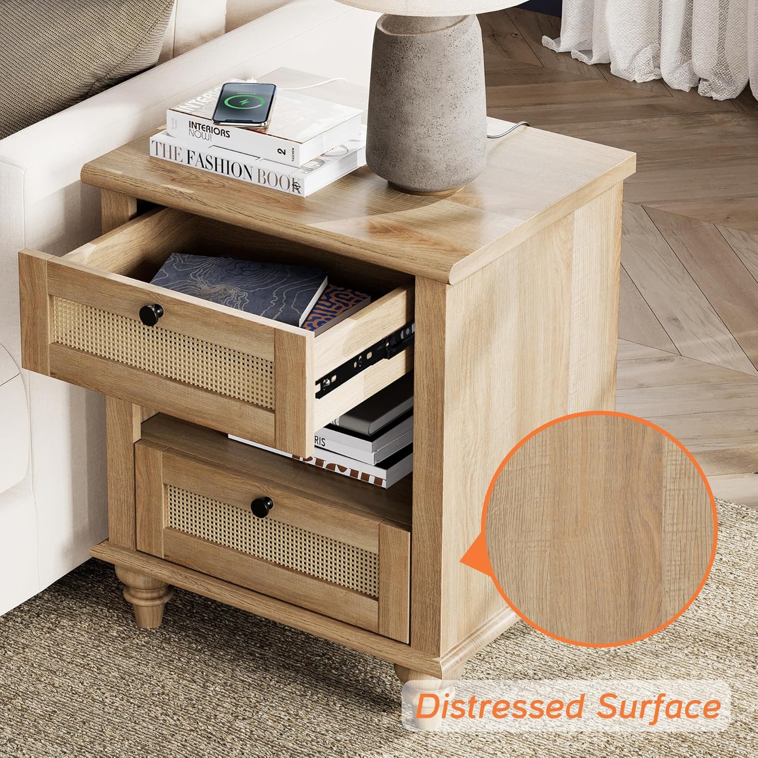 WAMPAT 4 Piece Dresser and Nightstand Sets - includes Two Farmhouse 3 Drawer Dressers for Bedroom, Set of 2 Side Tables Bedside Table with Charging Station, 4 Piece Bedroom Set, Oak