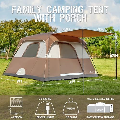 PORTAL 6 Person Camping Tent with Porch, Family Cabin Tent with Spacious Space, Water Resistant, Excellent Ventilation for Camping Outdoor Party Gathering