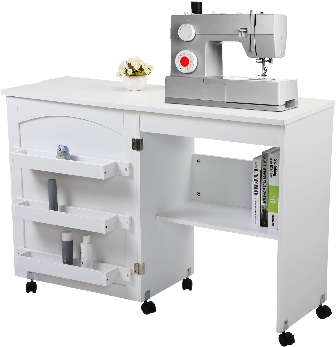 Sewing Table, Foldable Craft Table with Storage, Sewing Machine Table Desk with Cabinet, White