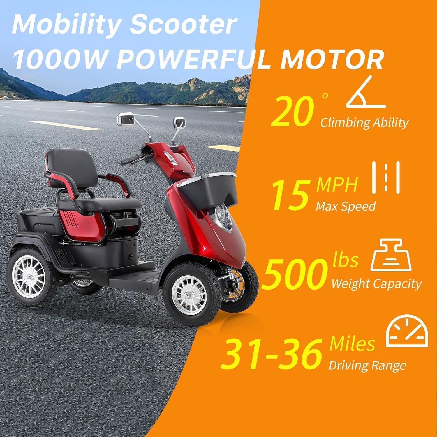 3 Speed Control 1000W 2 Seater Mobility Scooters with Bluetooth Speaker & 500lbs Weight Capacity, 36-Mile Range, Mobility Scooters at 15 MPH for Adults & Seniors, Red