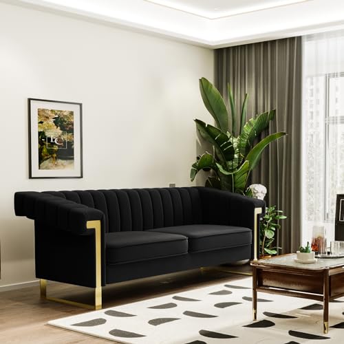 83" Modern Luxury Velvet Couch Comfortable 3 Seater Tufted Sofa Comfortable 3 Person Fashion Couches Solid Wood Frame Metal Legs for Living Room Office Playroom Furniture (P82-Black)