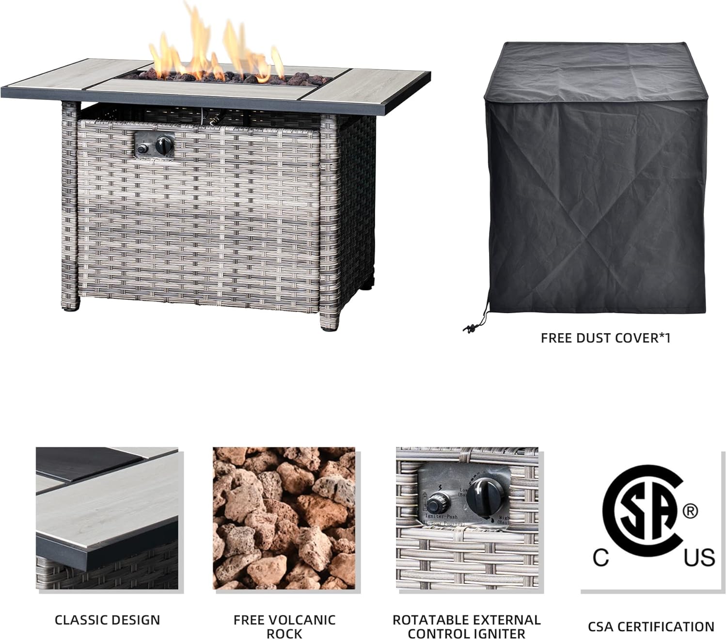 ovios Fire Pit Table 42 inch Outdoor Rectangle Gas Fire Table with Lid, 50,000 BTU, Propane Fire Pit Table Wicker Rattan Patio Dinning Table for Yard Garden Porch, Grey Wicker