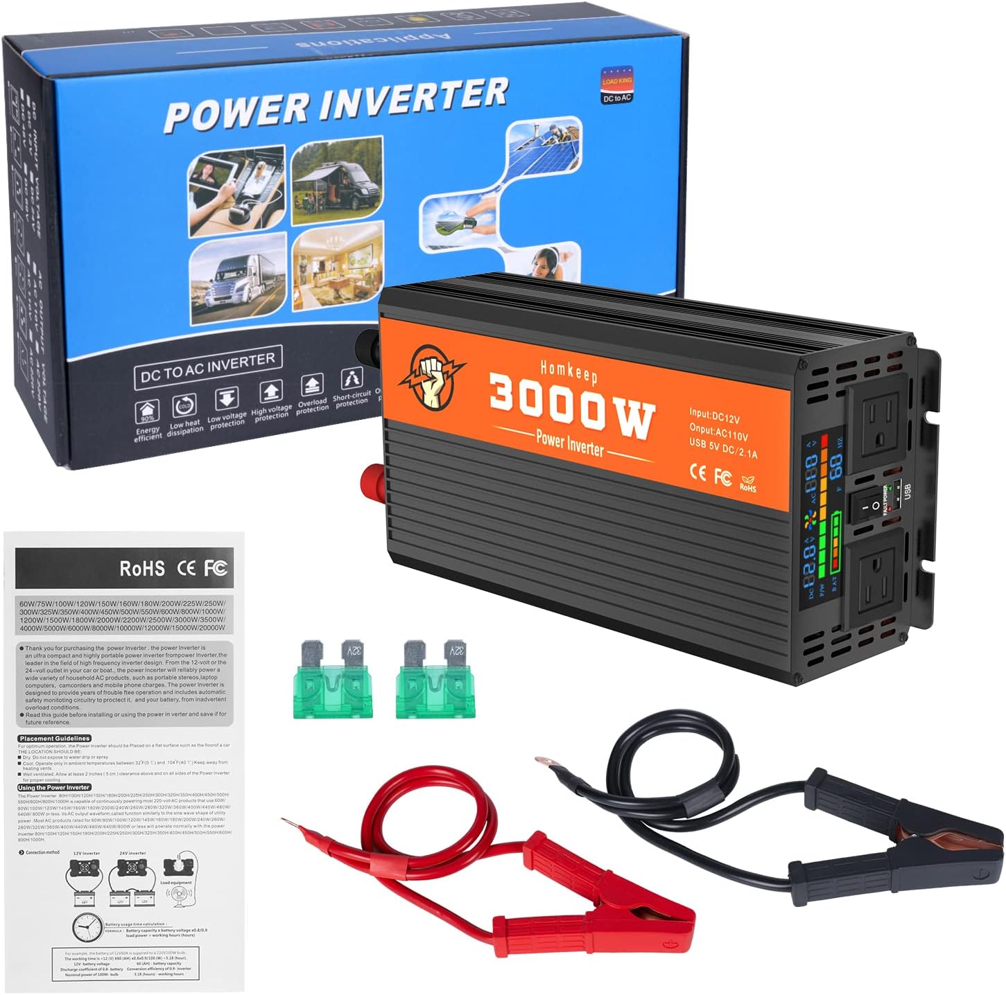 Power Inverter 2000 Watts 12V to 110V, Modified Sine Wave DC to AC Car/Home Converter, Dual 110V AC Outlets, USB Port, LED Display for Home, Outdoor, Camping, RV, Truck, Boat, Laptop and Emergency