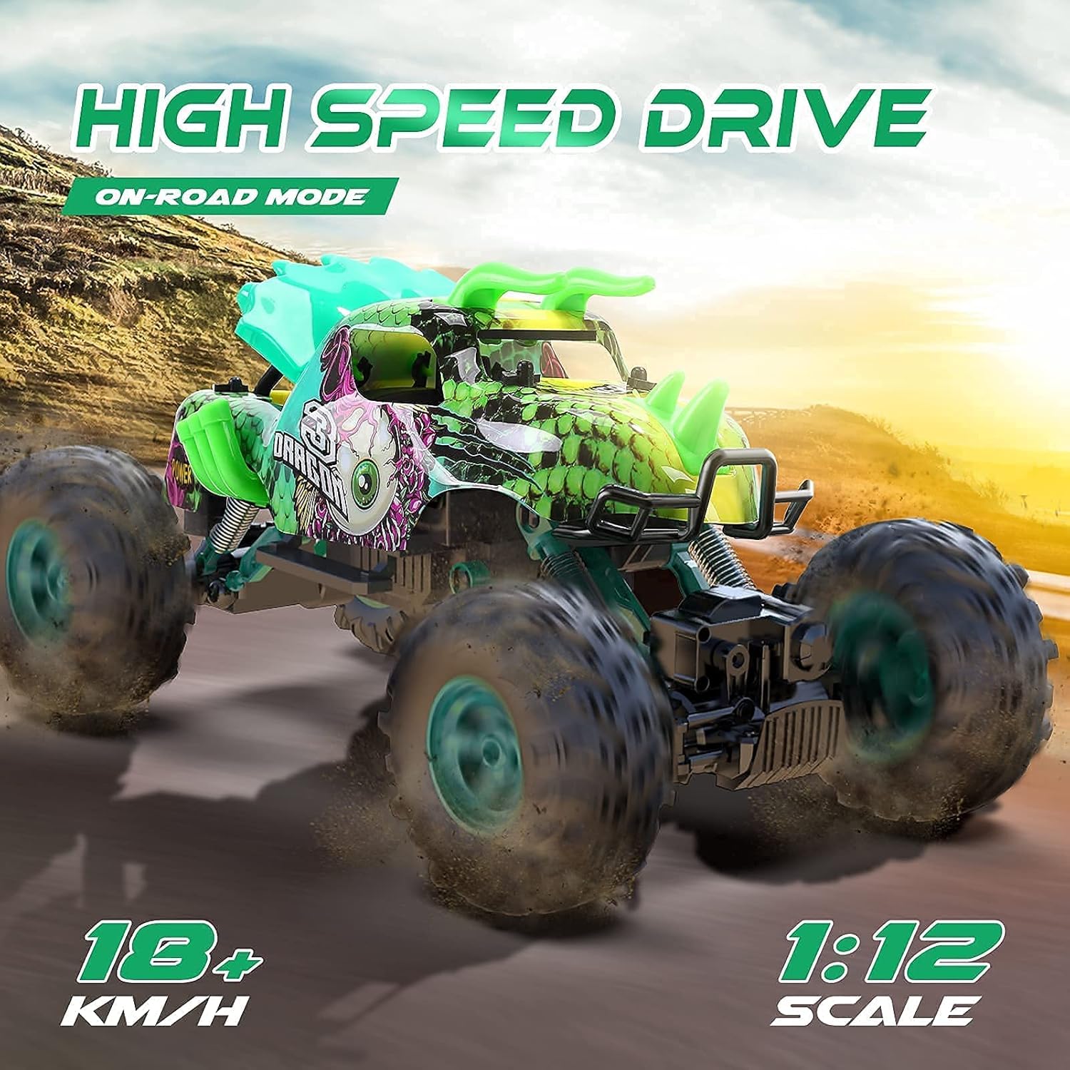 Remote Control Cars, Holyton 1:12 Large Scale Dinosaur Monster RC Trucks, 4WD Liftable Chassis Off Road Rock Crawler for Kids, 2 Batteries for 60+ Minutes Play, RC Car Toys Gift for Boy & Girls