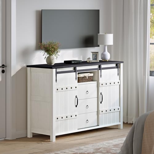 REAHOME Farmhouse Dresser for Bedroom Wood Dresser 48" Wide Modern Chest of Drawers with 3 Drawers & 2 Sliding Barn Doors Rustic Dresser TV Stand for Bedroom, Living Room, Kitchen - Rustic Brown