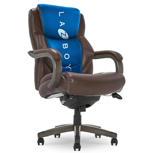 La-Z-Boy Delano Big & Tall Executive Office Chair, Ergonomic Mid-Back Body Pillow Lumbar Support, ComfortCore Memory Foam Cushion, Mahogany Wood Arms & Swivel Base, Bonded Leather, Chestnut Brown