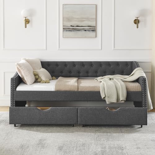 Wood Queen Size Daybed, Day Bed Frame with 2 Storage Drawers, Upholstered Bed Frame Queen Sofa Bed with Button and Nailhead Design for Bedroom Guest Room, No Box Spring Needed, Black