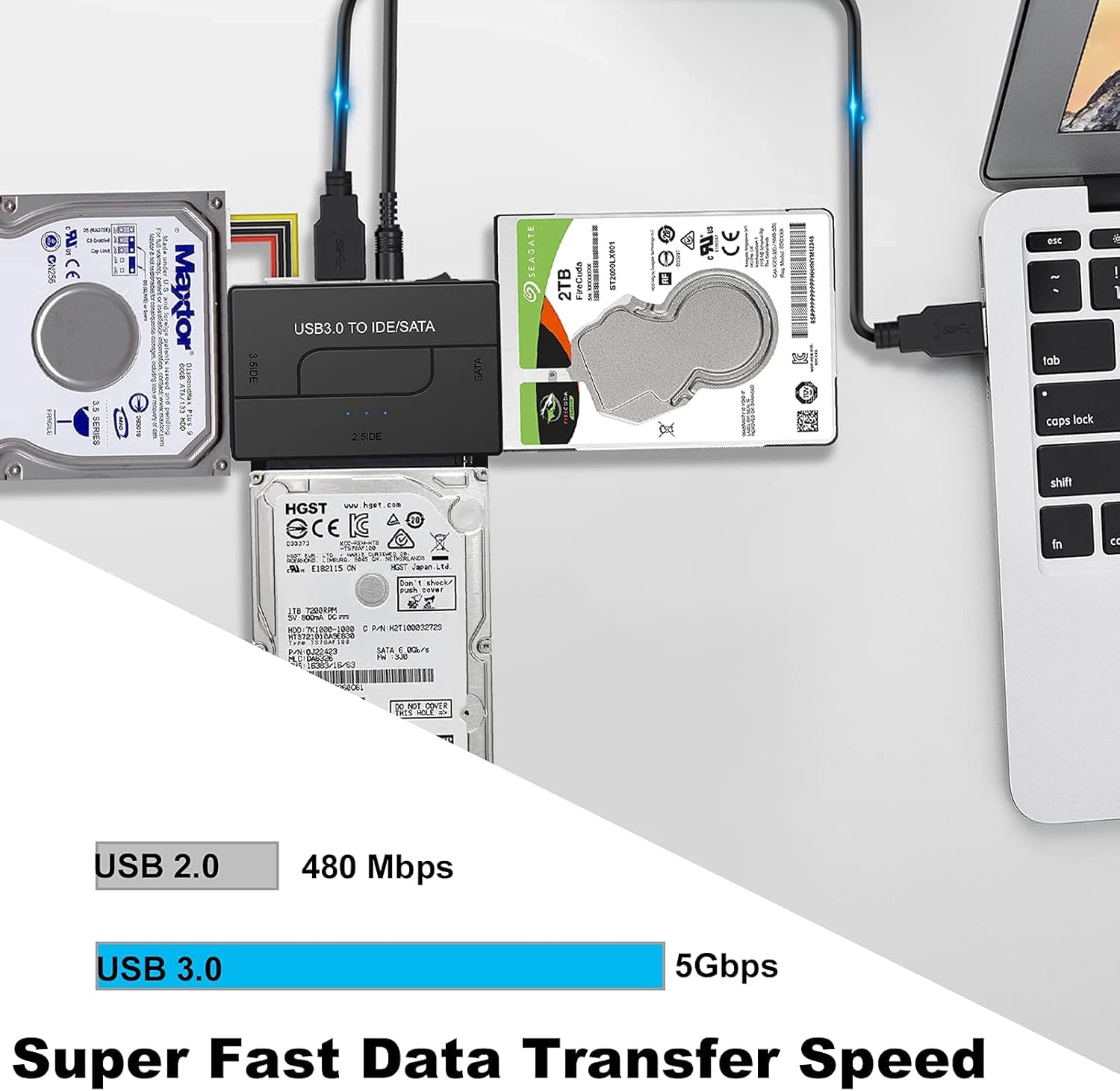 SATA/IDE to USB 3.0 Adapter, Hard Drive Adapter Converter for 2.5 3.5-Inch IDE SATA External HDD SSD, Universal Hard Drive Reader Cable Support 6TB with 12V 2A Power Supply Pack of 2