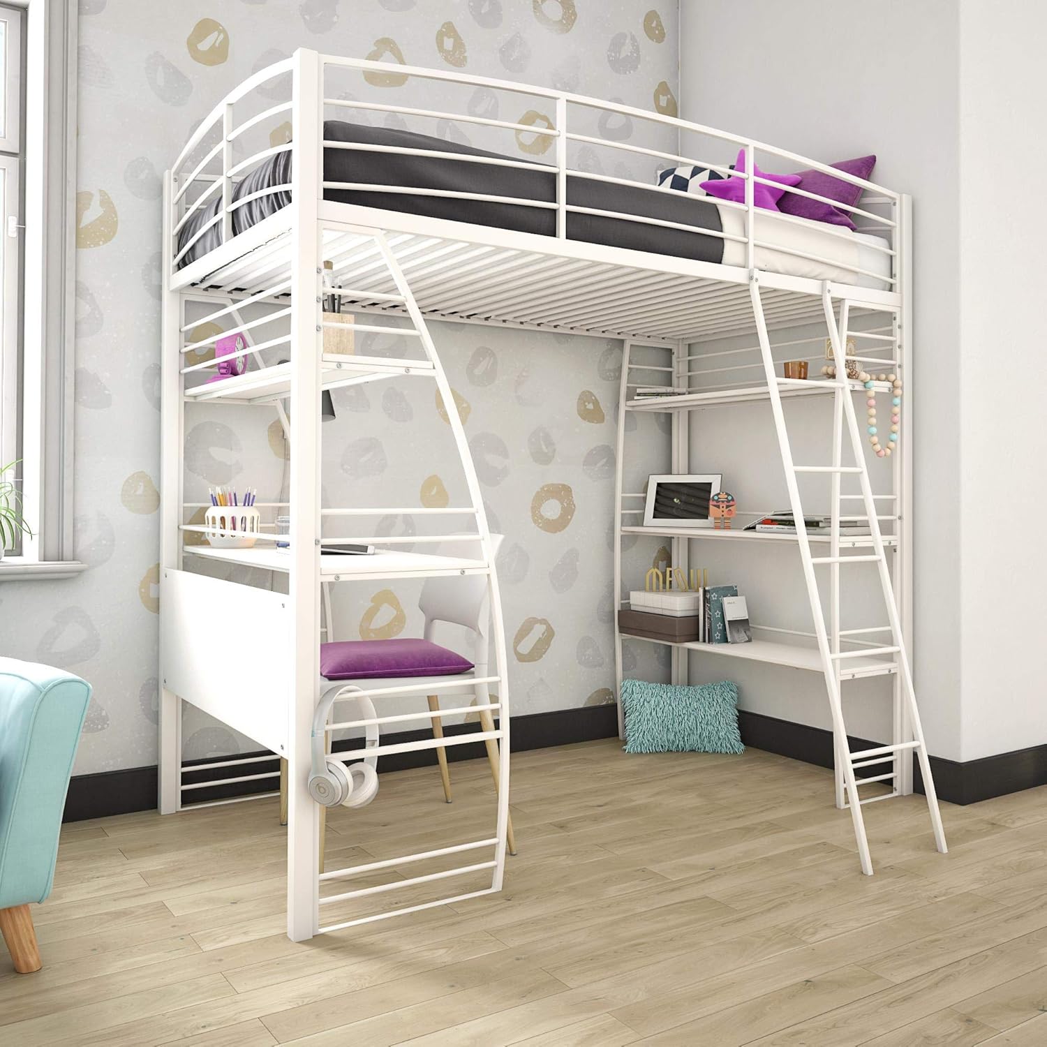 DHP Studio Loft Bunk Bed Over Desk and Bookcase with Metal Frame, Black, Twin Pack of 2