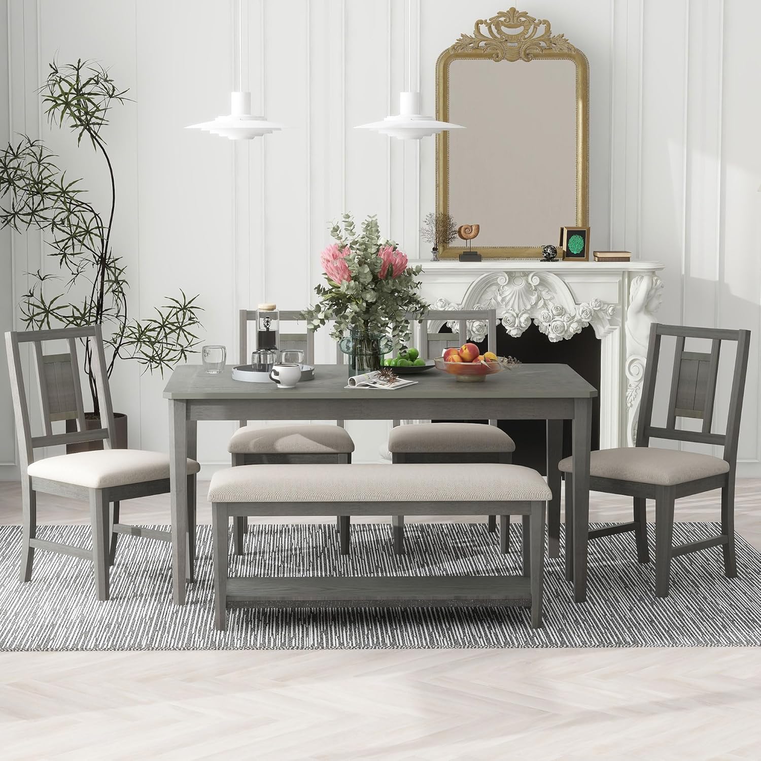 Retro 6-Piece Dining Table Set, 60" L Minimalist Dining Table and 4 Upholstered Chairs & 1 Bench, Solid Wood Kitchen Dining Room Table Set for 6, Home Family Breakfast Set (Dark Gray-Q)