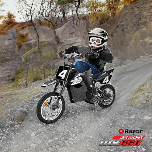 Razor MX650 Dirt Rocket Off-Road Motocross Bike–36V Electric Ride-On, Up to 17 mph, Front & Rear Suspension, Hand-Operated DualBrakes, Twist Grip Throttle, Authentic Motocross Bike Geometry